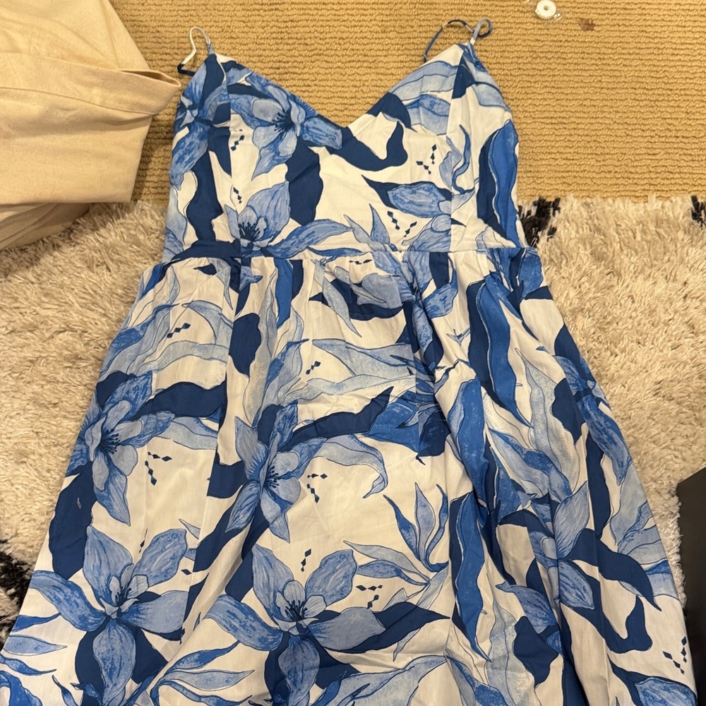H&M Blue and White Leaf Print Dress